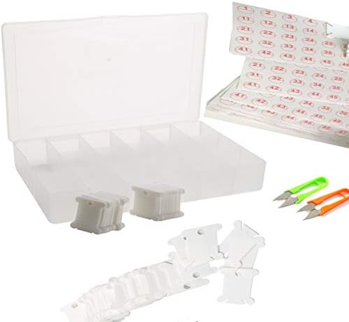 Plastic Floss Bobbins and Clear Needlecraft Organizer - 200 Cross-Stitch Thread Bobbins Card Thread Holder, 17 Deep Storage Compartments, 2 Plastic Scissors, 6 Floss Number Stickers (Style 1)
