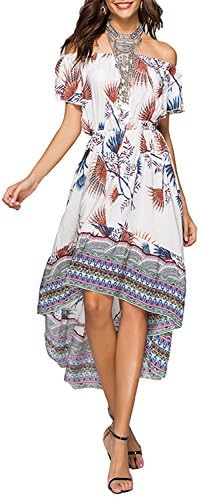 Purjoy Women's Floral Boho Off Shoulder Maxi Chiffon Flowy Party Dress Elastic Waist(pj201-1-l)