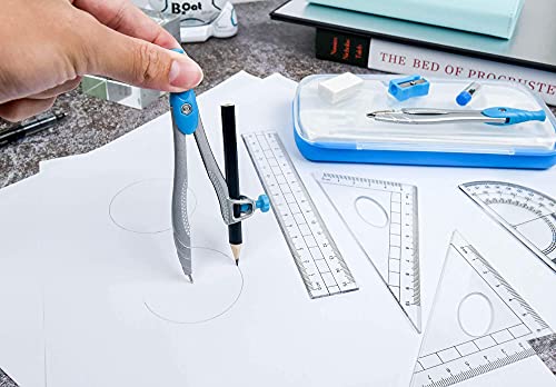Lifreer Math Compass for Geometry Set,10 Pcs Student Geometry Box Includes Storage Box, Rulers, Protractor, Compass, Eraser, Sharpener, Lead Refills, Pencil for Drafting and Drawings（Blue）