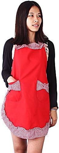 Women Kitchen Bib Apron Cute Cooking Flirty Vintage Dress with Bowknot Pocket,Red