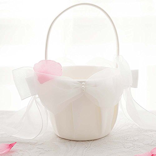 BETAULIFE Ivory Elegant Satin Bow Flower Girl Basket Ivory 2 pcs/Pack (Basket)