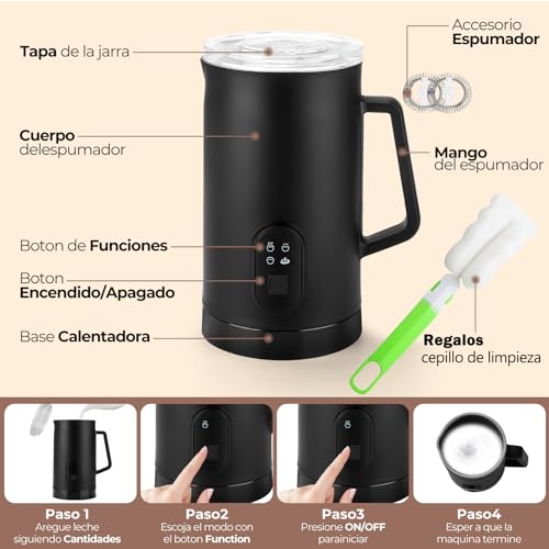 Espumador de Leche, Vaporizador de Leche Automática,4 en 1 Fabricante de Espuma de Leche, Espumador de Leche y Calentador Eléctrico para Leche Caliente,Café con Leche,Capuchino,Chocolate Caliente