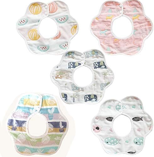 Ohequbao Baby Bib Saliva Towel, 6 Layer Can 360°Rotate Petal Absorption Bandana Bibs Burp Cloths for Drooling And Teething (5 Pack-Flower)