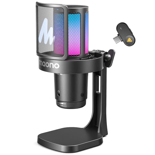 MAONO DGM20W - Micrófono Inalámbrico/USB para PC, Micrófono Condensador para Juegos, Podcasting y Streaming, Micrófono RGB con Cancelación de Ruido, Botón de Silencio, Perilla de Ganancia (Negro)