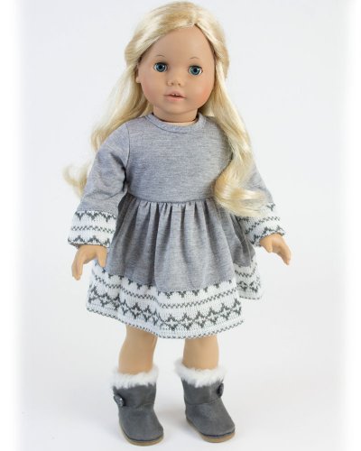 Doll Clothes 4 Pc. Outfit fit for 18 Inch American Girl Dolls & More! Grey Fair Isle Style Doll Sweater Dress, Leggings, Scarf & Doll Pink Hat