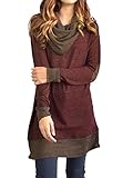 Famulily Women's Cowl Neck Tops Two Tone Color Block Pullovers Elbow Patchs Loose Long Tunic Blouse(M,Wine)