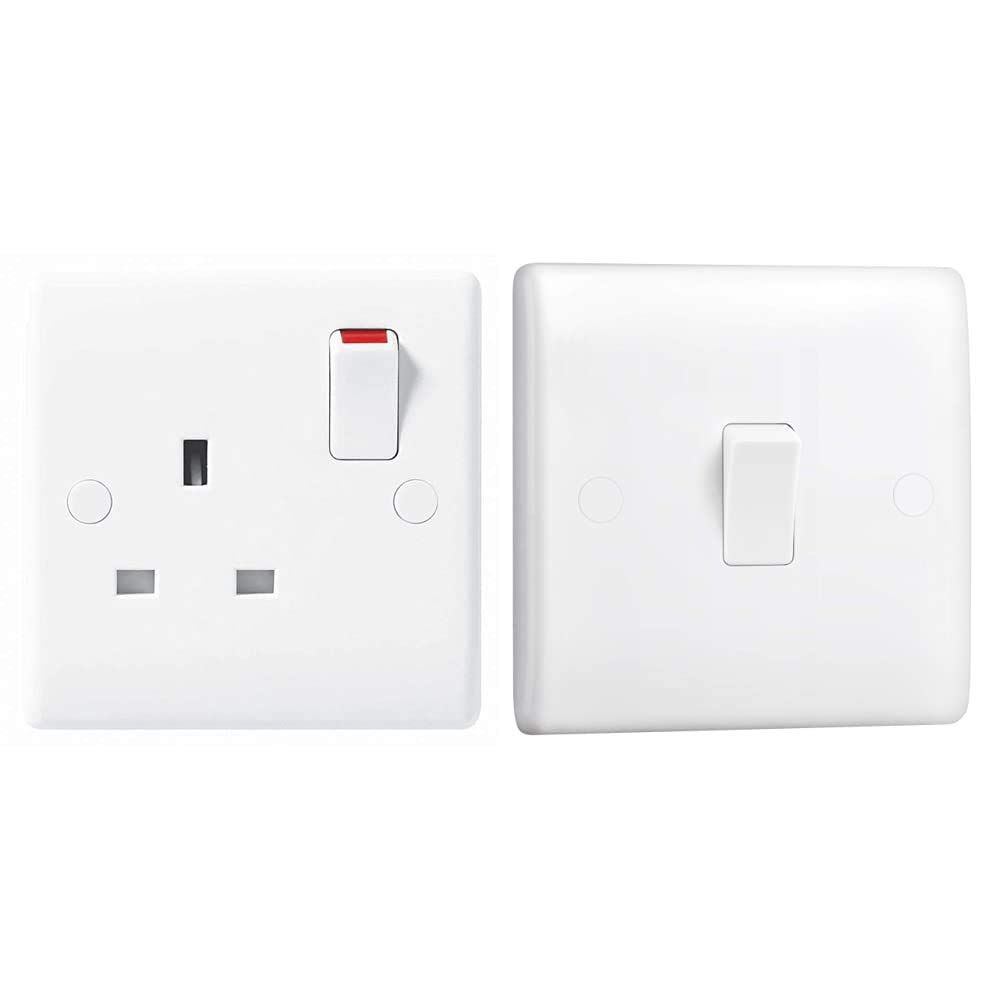 BG Electrical 821-01 Single Pole Single Switch Power Socket, White Moulded, 13 Amp & 812-01 Single Light Switch, White Moulded, 2-Way, 16AX