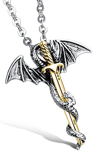 HCHIDS Men Women Punk Stainless Steel Dragon Sword Wings Chain Pendant Necklace