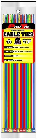 Pro Tie AC11SD100 11.8-Inch Assorted Color Standard Duty Color Cable Tie,  Assorted Nylon, 100-Pack