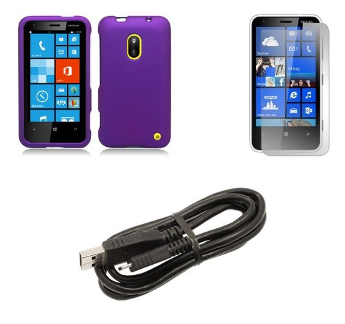 Nokia Lumia 620 - Premium Accessory Kit - Dark Purple Hard Shell Case Shield Cover + ATOM LED Keychain Light + Screen Protector + Micro USB Cable