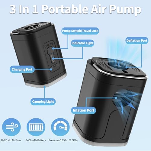 Portable Air Mattress Pump, Kequsprk Electric Air Pump for Inflatables, 2400mAh Rechargeable Quick-Fill Inflator Deflator Mini Vacuum Pumps for Inflatables, Raft Boat, Pool