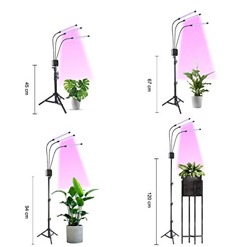 Growing Light with Stand, KORAM 60W LED Tri-Head Full Spectrum Plant Grow Lamps for Indoor Plants, Tripod Stand Adjustable with Timing 3/9/12H Function &3 Modes