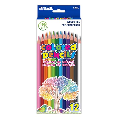 BAZIC Next Colored Pencils, 12 Assorted Colors, Pre-Sharpened Wood Free Coloring Pencil Set, Coloring Pencils for Art Bulk School Classroom Supplies Artist Adult (12/Pack), 1-Pack