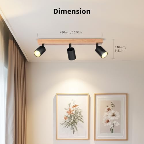 LVWIT Ceiling Lamps, GU10 Black Light Shade, 3 Way Wood Light Fixtures Ceilings, Adjustable Industrial Wall Ceiling Lamp, Ceiling Lamp for Living Room (No Bulbs Included)