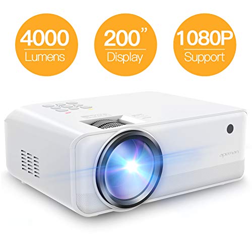 Projector APEMAN Mini Video Projector 4000 Lumen 1080p Supported LED Portable 50000 Hrs with Dual Built-in Speakers Support HDMI/TF/USB/RCA, Laptop/TV Stick/iOS/Android for Home Movie[2019 Model]