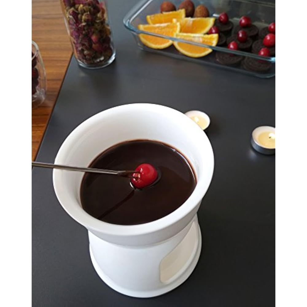 Fondue Set With 4 Color Forks, Premium Tea Light Porcelain Melting Pot