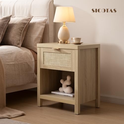 SICOTAS Rattan Nightstands Set of 2, Farmhouse Night Stands with Drawer Bedside Table - Boho End Table Side Table Accent Table for Bedroom, Light Oak Wood