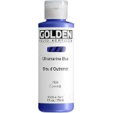 GOLDEN Fluid Acrylics, Ultramarine Blue, 4 fl. oz. Bottle | Artist grade acrylic paint with rich pigment load and a flowing constency useful for even coverage and fine details.