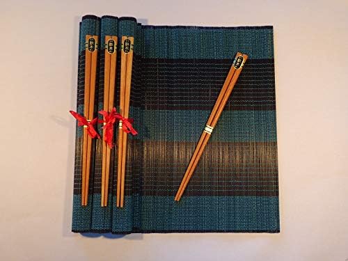 Vietnam Artisans Bamboo Placemats with Chopsticks, Set of 4 (Aqua)