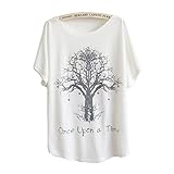 DQdq Women's Summer Loose Short Sleeve Tree Print T-shirt Top One Size White