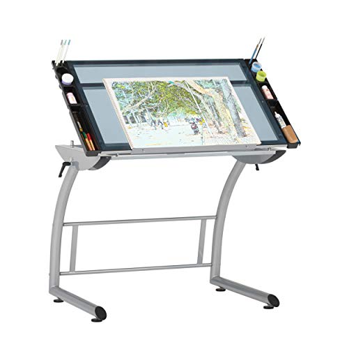 Studio Designs Triflex Drawing Table, Sit to Stand Up Adjustable Desk, Silver/Blue Glass - Thumbnail 2