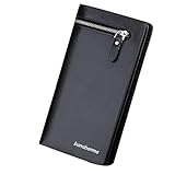Men Long Section Zip Bifold Business Leather Wallet Card Coin Wallet Purse (Black)