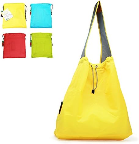 PATENT PENDING : EcoJeannie 4 Pack Large Super Strong Ripstop Nylon Foldable Reusable Shopping Bag, Travel Bag, Beach Bag, Grocery Tote w/Pouch & Inner Pocket, Draw-String, Reinforced Handle NRS044
