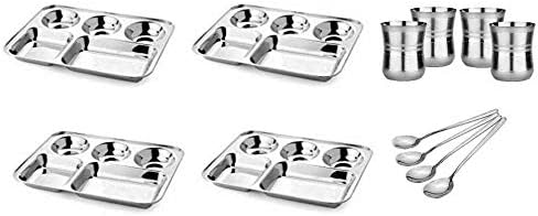 Sharda Metals 4 Clutter Free Steel Lunch Dinner Plates, Glasses & Spoons – Kitchen Dinning Dinnerware 12 Pieces Set