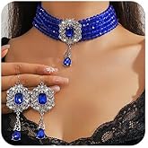 Octwine Boho Gold Silver 1920s Layered Pearls Necklace Teardrop Earrings Set for Women Trendy Retro Black Necklace Dainty Bride Wedding Crystal Rhinestones Pearls Necklace Earrings Set for Women