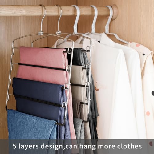 FeeraHozer Pants Hangers Non Slip 3 Pack Space Saving Hangers Multi-Layer Swing Arm Pants Hanger Stainless Steel Space Saver Hanger Closet Storage Organizer for Jeans Trouser Slacks Clothes (Black)