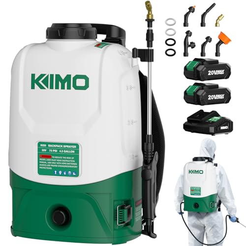 KIMO 4.3 Gallon Battery Powered Backpack Sprayer, 2PCS 20V 2.0Ah Battery & Fast Charger, 6 Nozzles, 31" Telescopic Wand, No Pump Needed, 0-73 PSI Electric Garden Sprayer for Weed, Lawn, Yard, Cleaning by K I M O. - Used condition - US$49.39