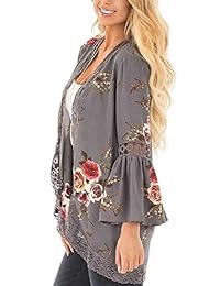 Chunoy - Blusa de encaje para mujer, estilo casual floral, parte frontal abierta, Kimono