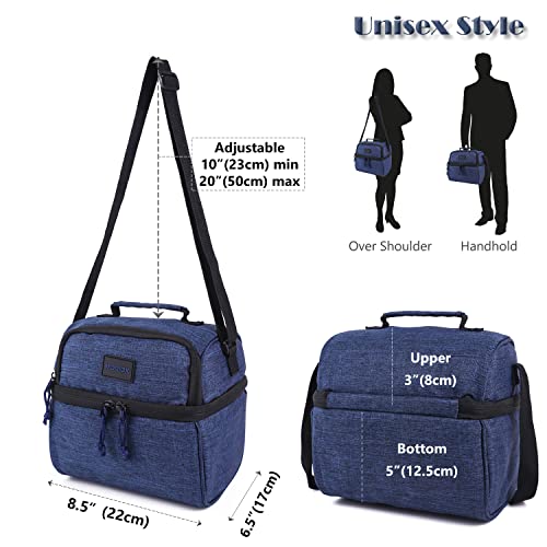 MORIOX Lunch Box for Men Dual Compartment Large Lunch Bag for Women Double Deckers Insualted Leakproof Cooler for Adults & Kids with Shoulder Strap for Work School Picnic (Blue)