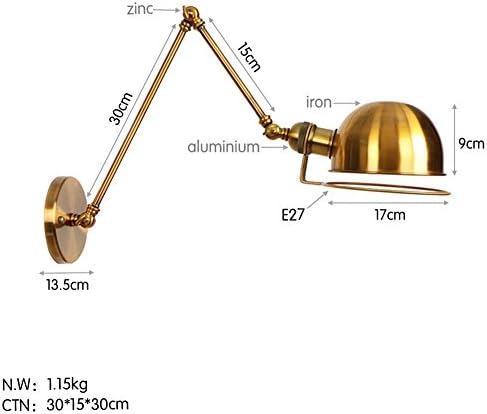 LQFLD Matt Black Bronze Adjustable Long Wall Retro Industrial LED Metal E27 Bulb Wall Lamp Bedside Lamp,Gold,C