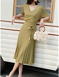 Jade Hare Vestido de punto para mujer, manga corta, cuello en V, hasta la rodilla, plisado