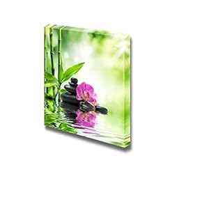 Canvas Prints Wall Art - Orchids Black Stones and Bamboo on Water | Modern Wall Decor/Home Decoration Stretched Gallery Canvas Wrap Giclee Print. Ready to Hang - 16" x 16"