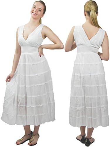100% Cotton Summer Dress Sleeveless V-neck Sundress Empire Waist
