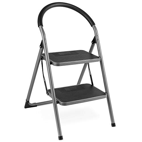 VonHaus Premium 2 Step Ladder | Anti Slip Feet | Easy to Store Foldable Design - Ideal for Home/Kitchen/Garage - Strong Sturdy Steel 150KG Max Capacity