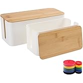 Cable Management Box Organizer, Set of 2 Bamboo Lid Large Storage Wire Holder to Conceal Hide Surge Protector, Power Strips &
