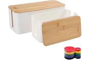 Cable Management Box Organizer, Set of 2 Bamboo Lid Large Storage Wire Holder to Conceal Hide Surge Protector, Power Strips &