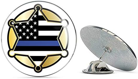 BRK Studio Gold Sheriff Badge with Blue Black American Flag Round Metal 0.75" Lapel Pin Hat Shirt Pin Tie Tack Pinback