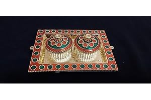 LUXCKY Golden Decorative Designer Roli Chawal/Rice Holder, Kumkum Haldi Holder Rakhi Pooja Thali Indian Festival Diwali Pujan Mandir Tika Roli Plate (Rectangle Shape) (Rectangular shape 3)