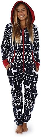 Womens Essentials 3D Christmas Deer Print Hoodie Long Sleeve Onsie Pajamas Jumpsuit Pocket Nightwear (M, Navy)