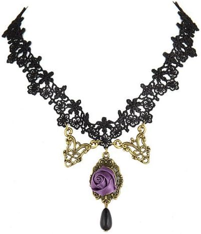Pretty Vintage Inspired Victorian Gothic Style Black Lace Choker Necklace with Purple Rose
