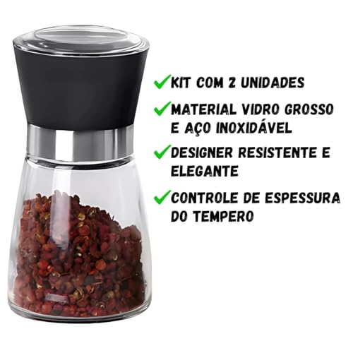 Kit 2 Moedor Triturador Giratório de Sal Pimenta Premium em Vidro Aço Inoxidável para Grãos Condimentos Secos Temperos Saleiro Pimenteiro de Mesa Ideal Cozinha Restaurante Hamburgueria
