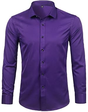 Mens Hipster Elastic Bamboo Fiber Dress Shirts Slim Fit Long Sleeve Casual Button Down Shirts for Men