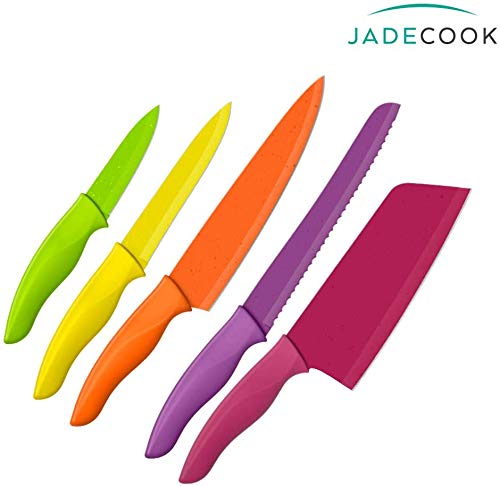 JadeCook Juego Set de Cuchillos Profesionales De Acero Inoxidable Doble Filo Paquete de 5 Cuchillos Colores Diferentes con Hoja Antiadherente