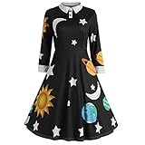 Fashion Womens Print Botton Long Sleeve Flare Vintage Dress Sun and Moon Star