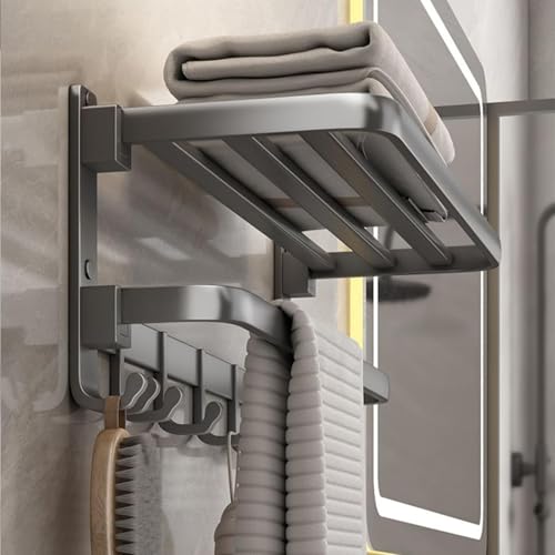 60 cm Wall Mounted Towel Rack for Bathroom, 24 Inch Foldable Matte Towel Shelf with Bar and Movable 9 Hooks, Space Aluminum Rustproof Towel Organizer for Bathroom, Shower, and Hotel Use