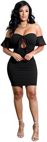JIMUJIMU Women Off Shoulder Ruffles Night Club Bodycon Dress